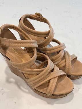 Arturo Chiang Nude Tan Multi-Strap Wedge Sandals